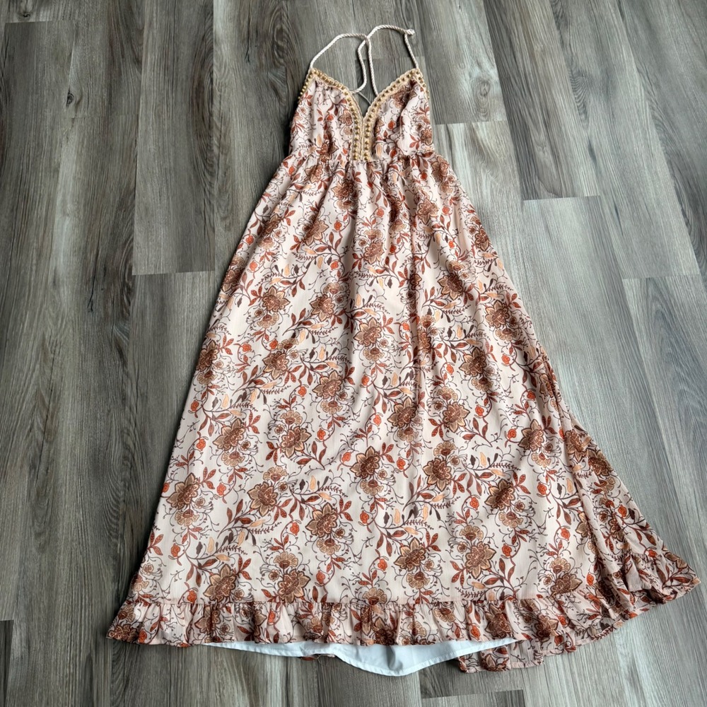 Y2K Miss Me Floral Boho Maxi Dress Small Halter Neck Beaded Lace Trim Cream Rust